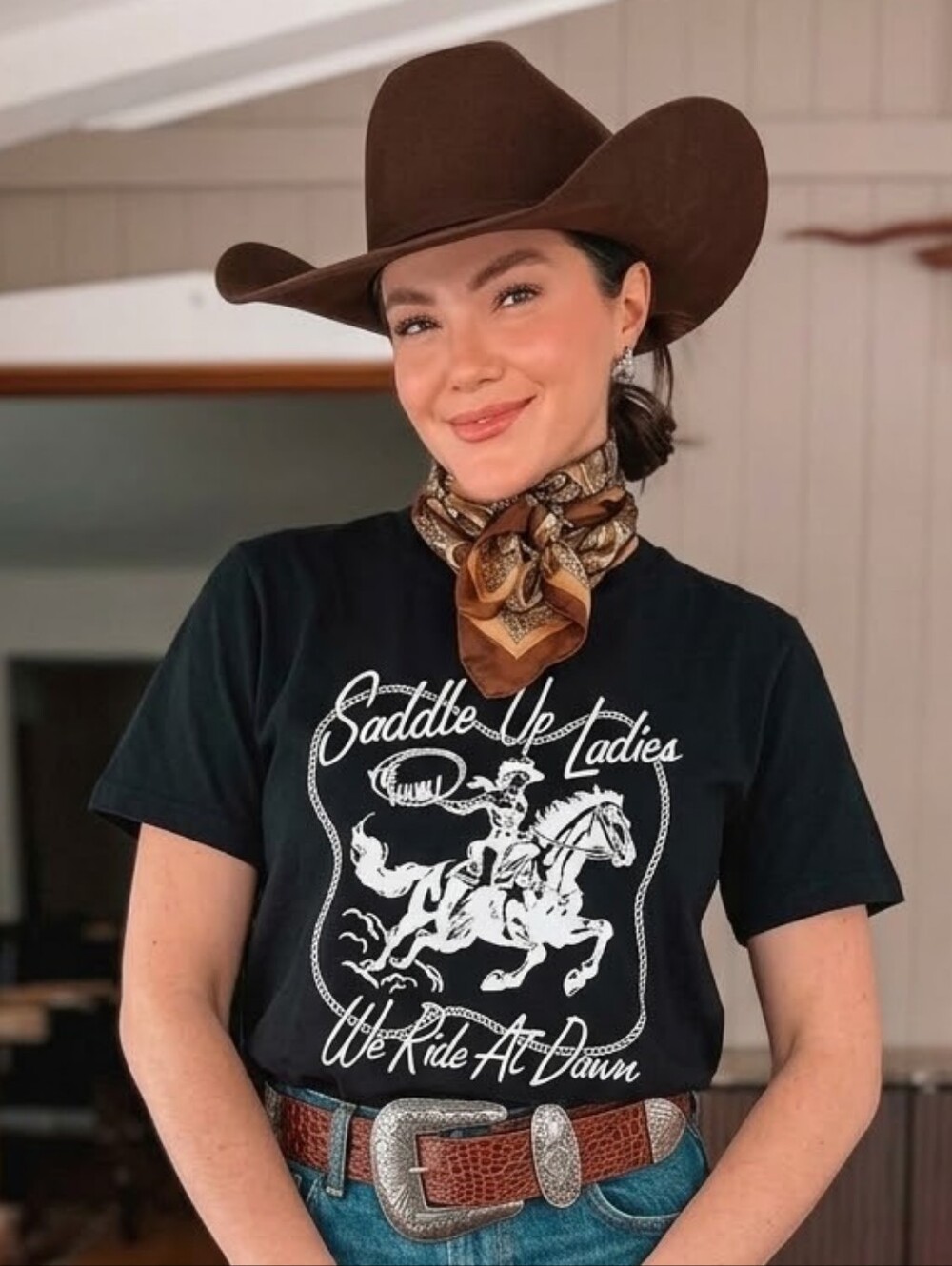 Cowgirl Western Cotton Tee in Black 'Saddle Up Ladies We Ride At Dawn' 2XL - Picture 3 of 8